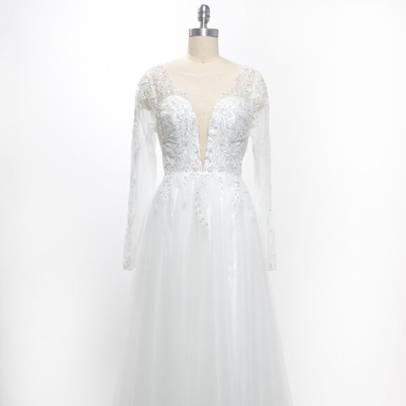 NEW LONG FORMAL WEDDING A-LINE DRESS W/ SHEER SLEEVES & PLUNGING NECK AS MS0033